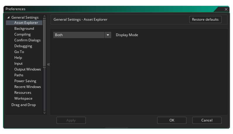 Les préférences d'Asset Explorer