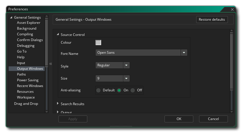 Les préférences de la fenêtre de sortie