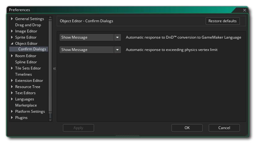 L'éditeur d'objets confirme les préférences de boîte de dialogue