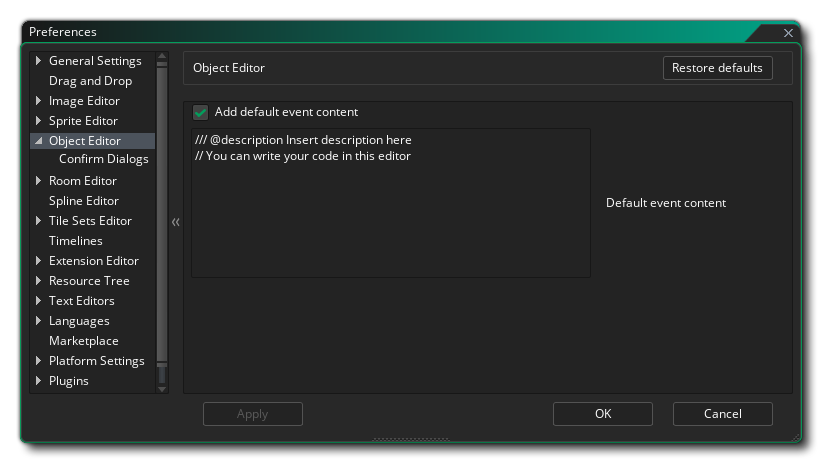 Préférences de l'éditeur d'objets