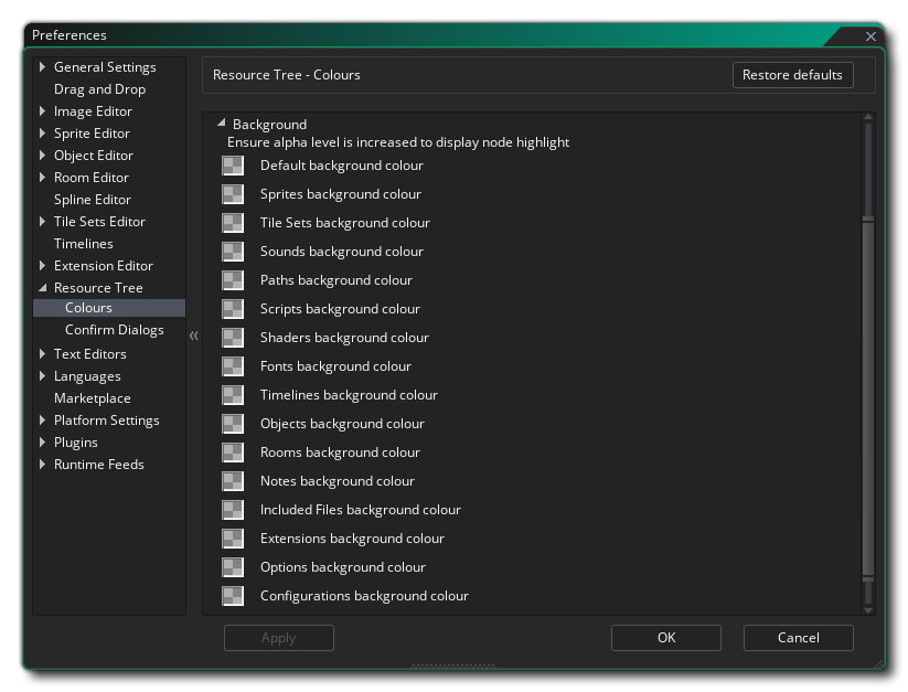 Les préférences de couleur d'arrière-plan de l'arborescence des ressources