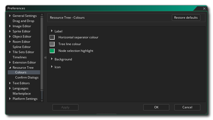 L'arbre de ressources Diverses préférences de couleur