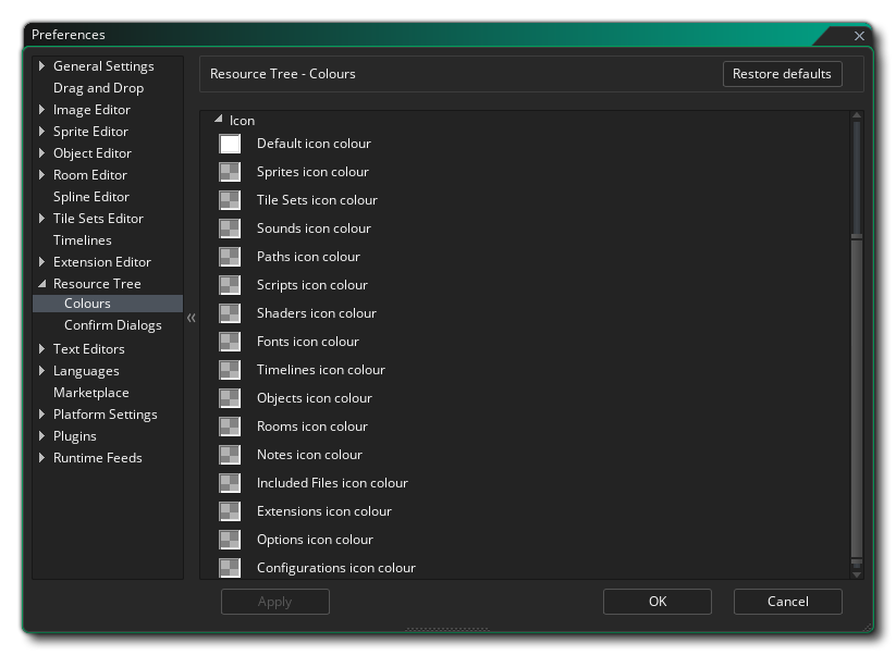 L'icône de l'arborescence des ressources Préférences de couleur