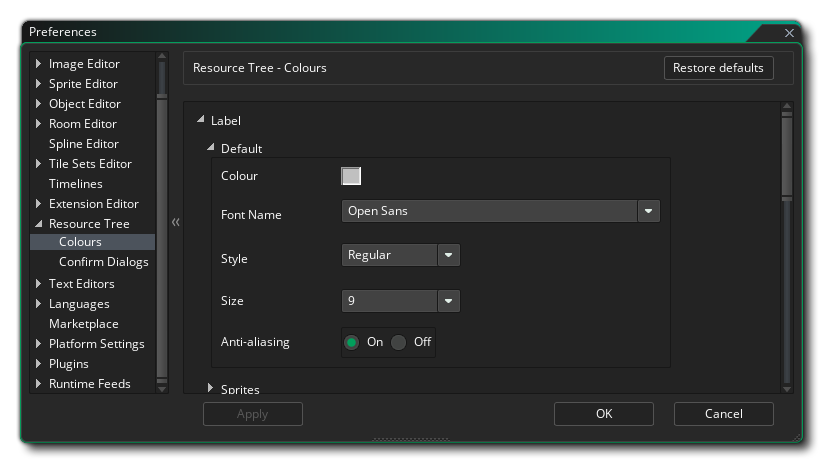 Les préférences de couleur de l'étiquette de l'arborescence des ressources