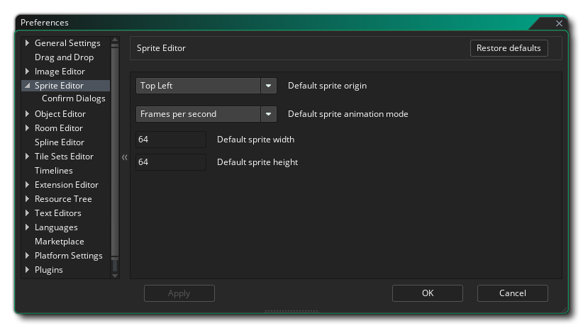 Les préférences de l'éditeur de sprites