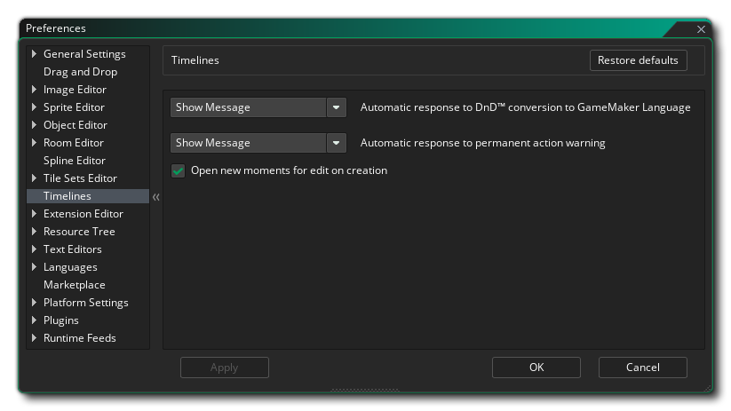 Les préférences de la timeline