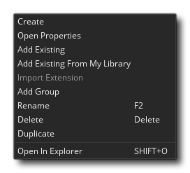 Menu RMB de l'arborescence des ressources