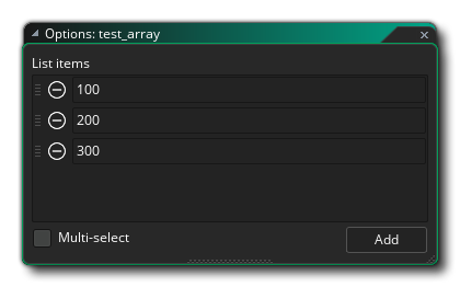 Options de variable de la liste de l'éditeur d'objets