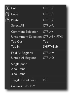 Menu de l'éditeur de script
