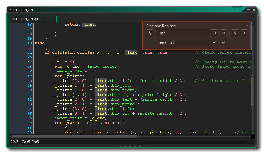 Zone de recherche de l'éditeur de script