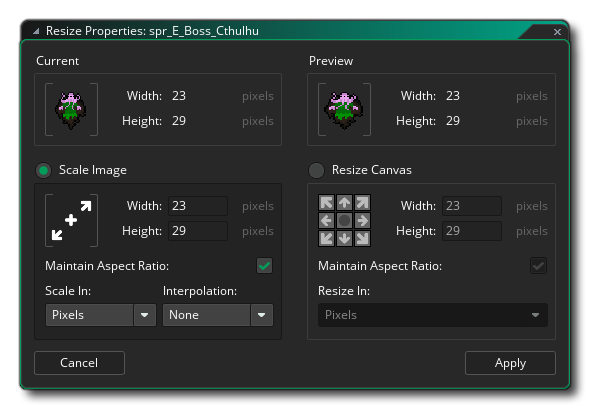 Éditeur de sprite Redimensionner les propriétés