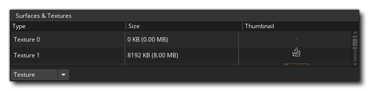 Fenêtre Debug Surfaces / Textures Watches