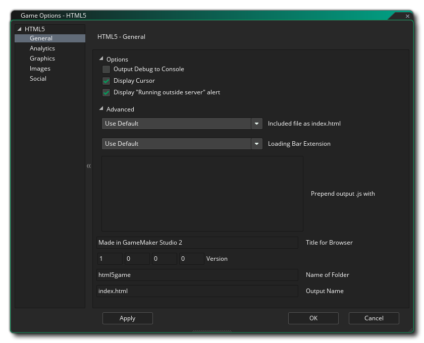 Options générales HTML5