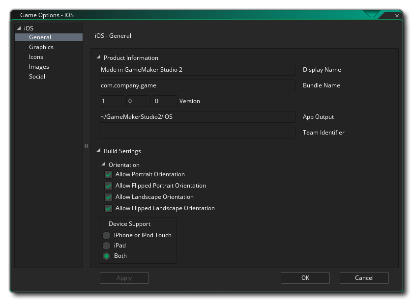 Options générales iOS