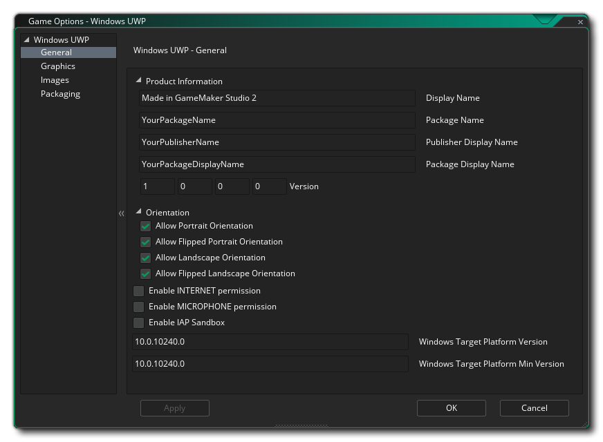 Options générales UWP