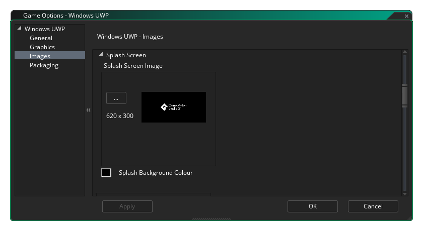 Options de l'écran de démarrage des images UWP