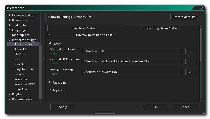 Préférences Amazon Fire Packaging et débogage