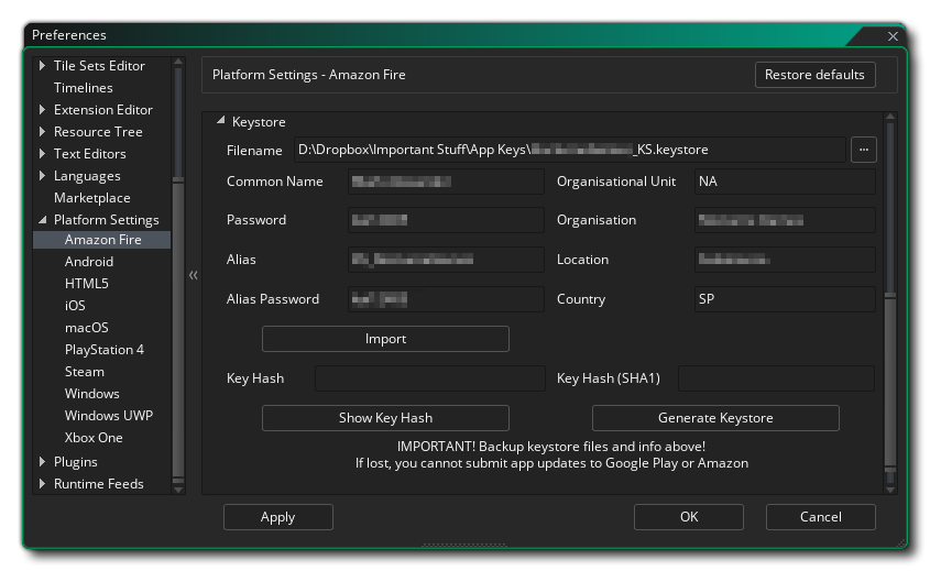 Keystore des préférences Amazon Fire