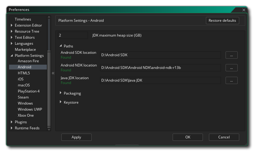 Préférences Android Packaging et débogage