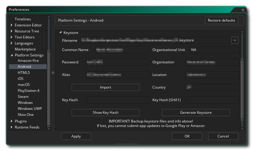 Préférences d'Android Keystore