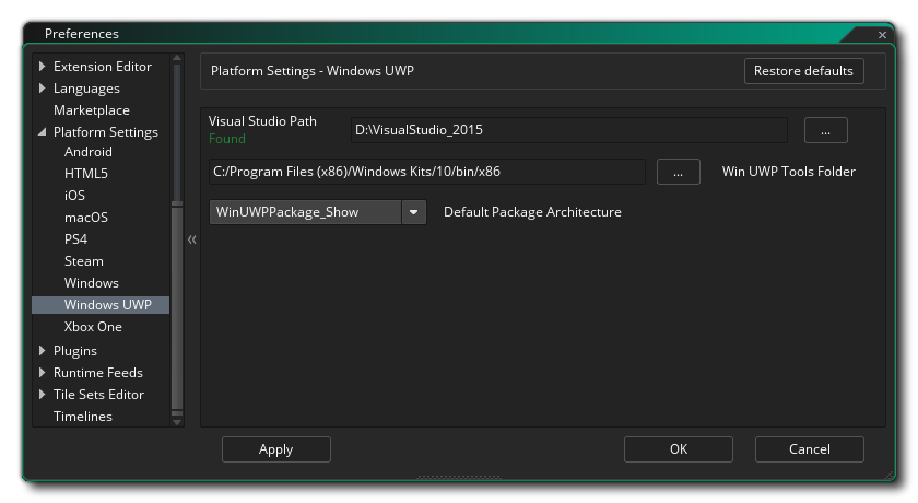 Préférences Windows UWP